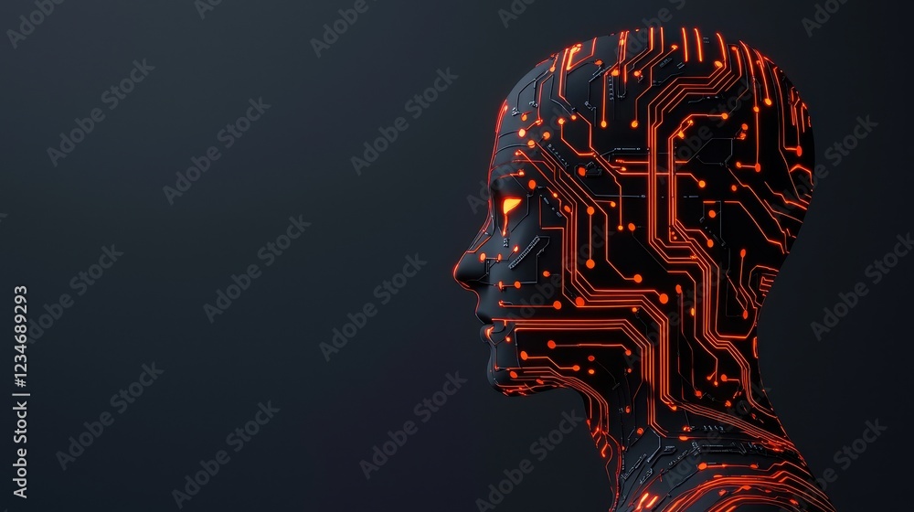Poster a futuristic profile of a humanoid figure adorned with glowing circuit patterns, blending technology