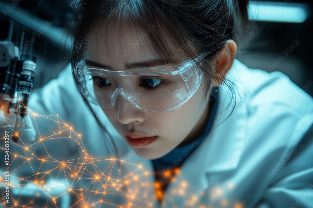 Poster scientific research in a laboratory setting with a female scientist analyzing data and observing mol