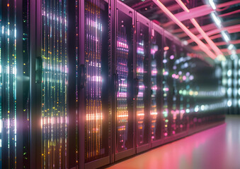 A massive AI-controlled server room with glowing data streams flowing between racks.