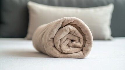 A white pillow sits on a bed with a tan blanket rolled up on top of it