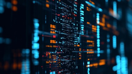 Naklejka premium Abstract data flow visualization with bright blue and orange dots on dark background
