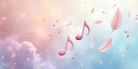 Ethereal Pink Musical Notes and Feathers Drifting on a Pastel Sky Background