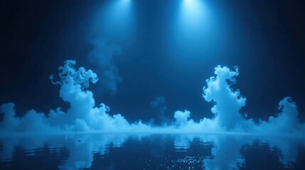 Fototapeta premium Ethereal Blue Haze Over Calm Water with Dramatic Lighting Effects and Swirling Cloud Formations