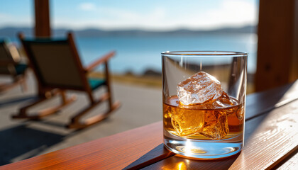 Whiskey dram with clinking ice on porch overlooking sea, relaxation