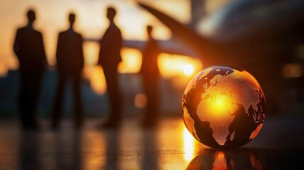 The image features silhouetted figures against a sunset, with a globe in the foreground symbolizing global business and connection.