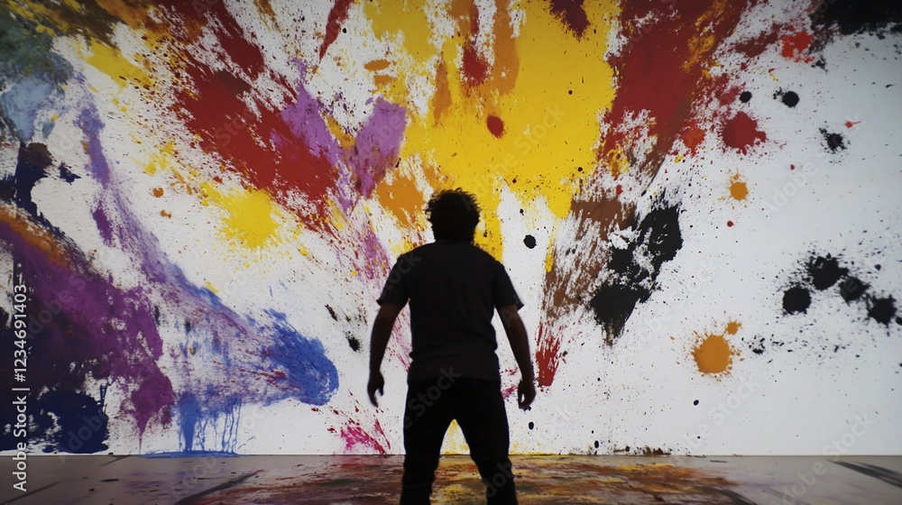 Poster man standing before a large colorful abstract painting with vibrant splashes and splatters