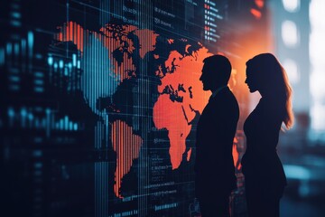 Obraz premium A silhouetted couple observes a high-tech world map, illuminated by vibrant colors, suggesting a theme of global connection and digital innovation.