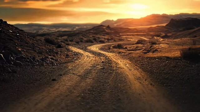 Dirt road in the middle of nowhere at sunset