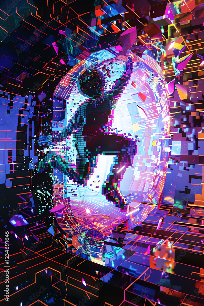 Poster illustrate the fusion of pixel art and dance forms with futuristic technologies experiment with vibr