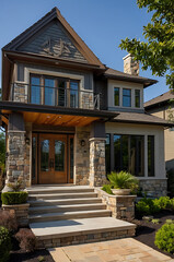 Obraz premium Luxury Stone House Exterior: Modern Home Design and Architecture. Beautiful Contemporary Home Facade with Elegant Entrance and Landscaping.