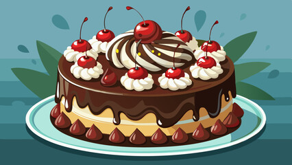 Black forest cake decorated with whipped cream and cherries