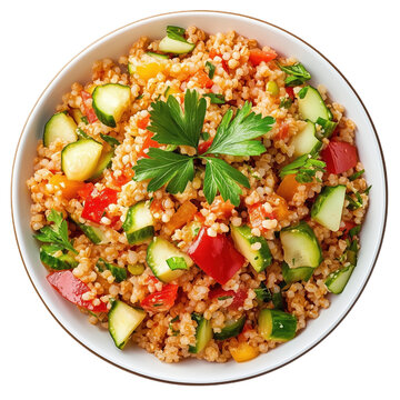 Expertly prepared Turkish ksr with fresh vegetables and herbs in a serving bowl