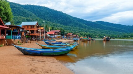 Colorful boats on sandy riverbank, village backdrop, mountainous landscape, travel tourism