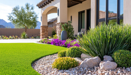 Lush green grass and vibrant flowers enhance modern front yard landscape