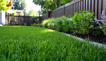 Fototapeta premium Lush green grass in charming front yard with vibrant plants and fence