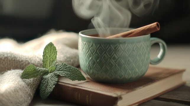 A mug of tea with a cinnamon stick and a leaf of mint on top of a book - Powered by Adobe