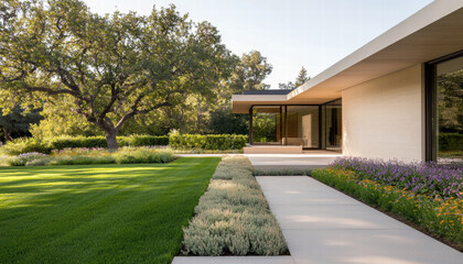 Obraz premium Modern front lawn design with neatly trimmed hedges and vibrant flowers