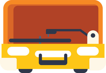 Vintage stylish portable turntable in a yellow suitcase for playing vinyl records is shown with the lid open