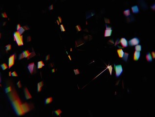 Abstract film grain texture overlay with colourful holographic light fragments on black backdrop