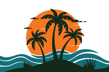 Tropical island illustration with hand drawn elements. Peaceful sunset, palm trees, and ocean waves. Perfect for summer posters and cards.