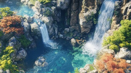 Autumn waterfalls cascading into tranquil pools, serene mountain landscape, nature background, travel poster