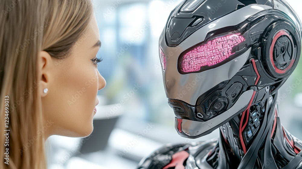 Poster close interaction between human and advanced robot in futuristic setting with high-tech features