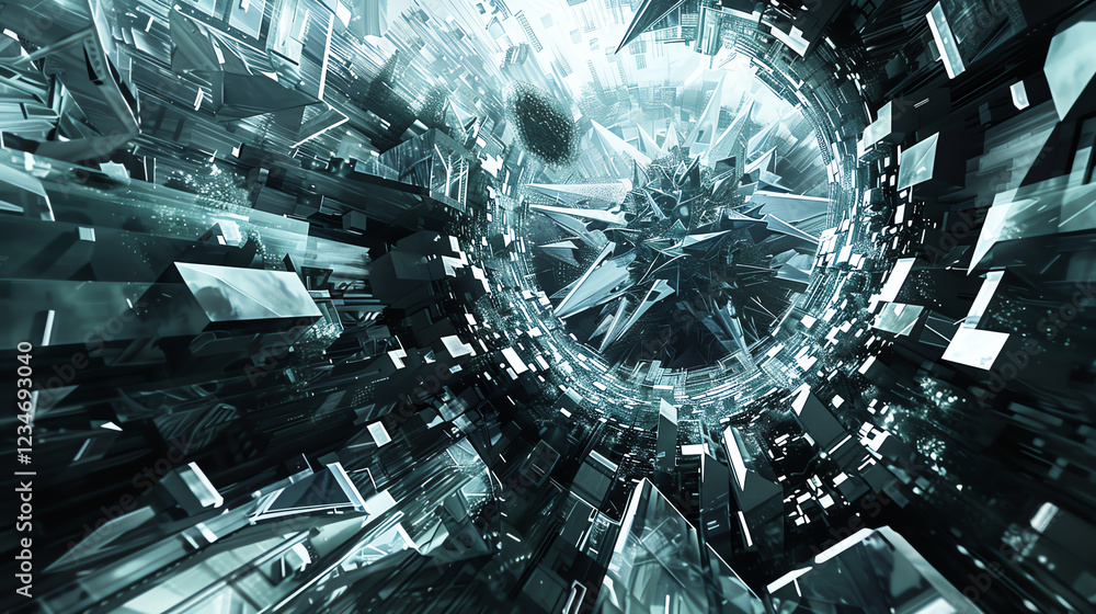 Poster imagine a futuristic society through a top-down perspective, revealing abstract structures and myste