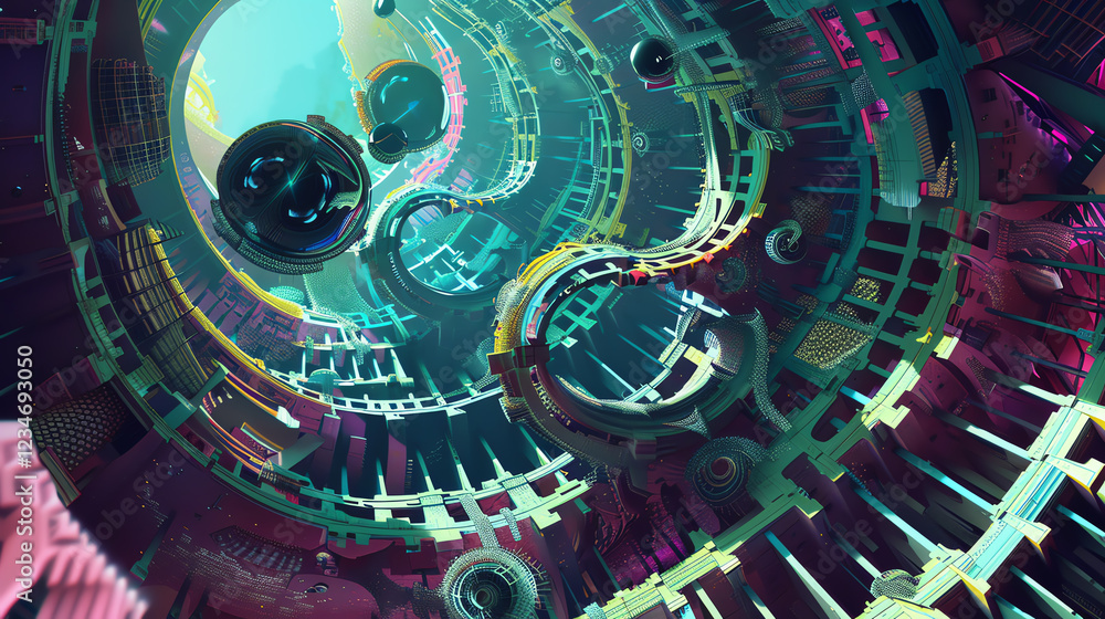 Poster imagine a futuristic society through a top-down perspective, revealing abstract structures and myste