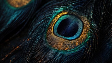 Fototapeta premium A vibrant peacock feather close-up, showcasing iridescent blues, greens, and golds. Symbolizing beauty, elegance, and transformation.