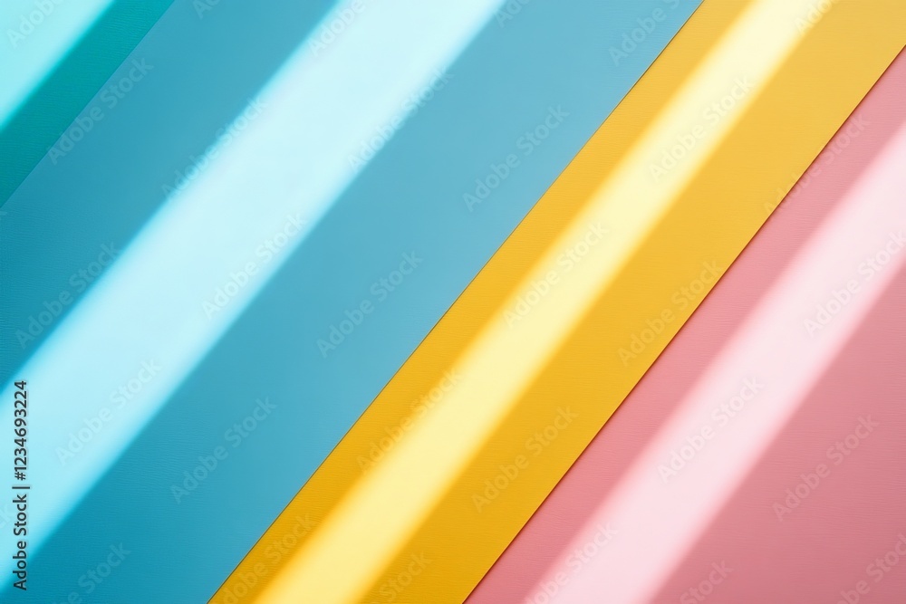 Poster diagonal stripes of blue, yellow, and pink create a vibrant abstract pattern in bright light