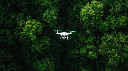 White Drone Flying Over Lush Green Forest Canopy