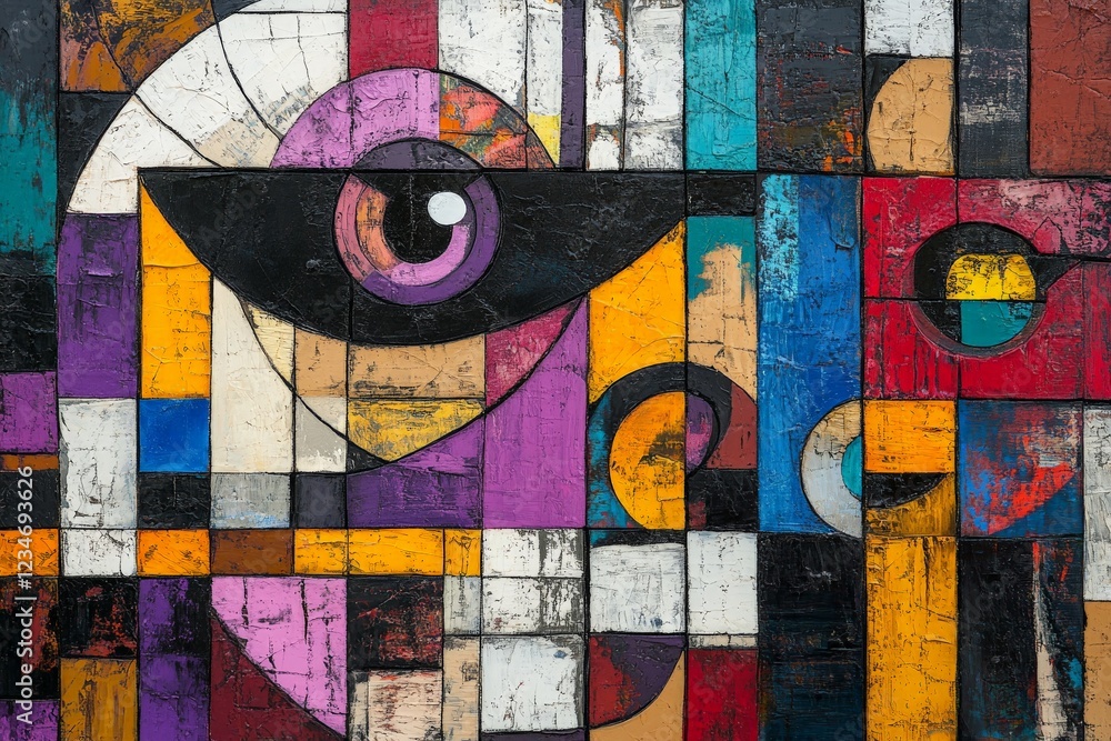Aufkleber colorful abstract mural featuring geometric shapes and an eye in an urban setting