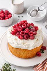 Homemade classic victoria vanilla sponge cake or biscuit or pie decorated with whipped cream and fresh strawberries on top on a light background. Summer dessert. Copy space. Selective focus.