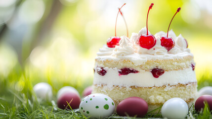 A delightful cake takes center stage, adorned with a generous layer of whipped cream and glistening red cherries. The cake layers are visible beneath the creamy topping, suggesting a light background