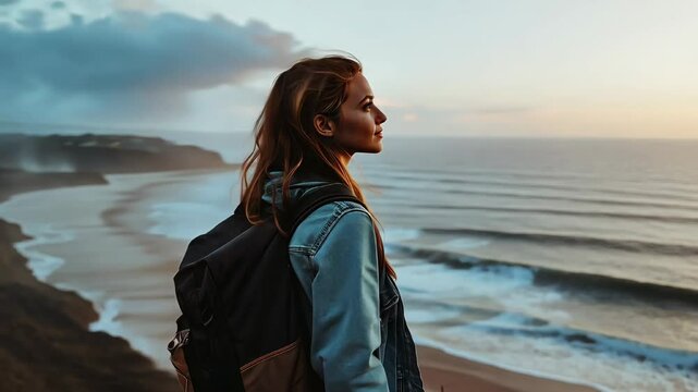 Woman with backpack on a beach - concept of travel adventure