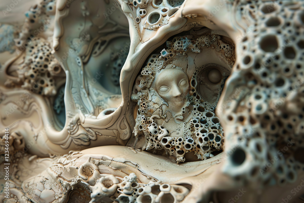 Poster incorporate clay sculpture techniques to craft a unique perspective with an eye-level angle, blendin