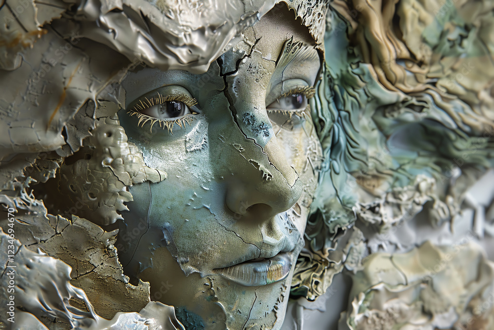 Poster incorporate clay sculpture techniques to craft a unique perspective with an eye-level angle, blendin