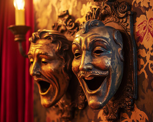 Vintage gold comedy theater masks on ornate wall