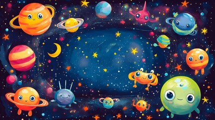 Naklejka premium Whimsical Cartoon Space Scene with Colorful Planets and Stars
