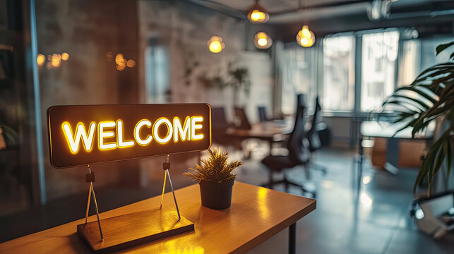 A desk with a 'welcome' sign represents a friendly onboarding process in a modern office.