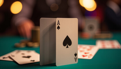 Ace of spades card displayed on casino table, classic card game ambiance