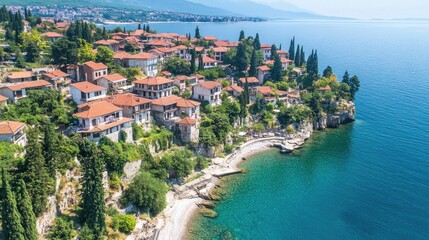 Naklejka premium Coastal Town Aerial View Adriatic Sea, Summer Homes, Mountain Background, Travel Brochure