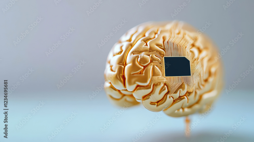 Poster a golden brain featuring a microchip, symbolizing innovation and technology in cognitive science.
