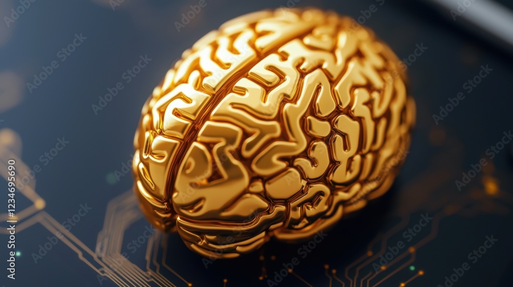 Poster a shiny golden brain model rests on a dark, circuit-patterned surface, symbolizing intelligence and 