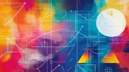 Obraz premium A repeating pattern of artistic mathematical formulas combined with abstract geometric shapes on a colorful gradient background.