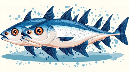 Two stylized tuna fish swim together in the ocean