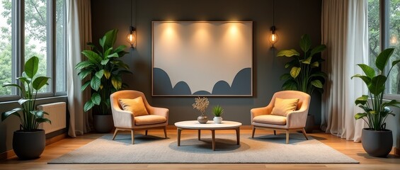 A cozy living room with two chairs, a coffee table, and a painting on the wall