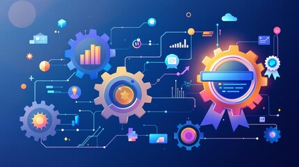 Obraz premium Colorful gears and charts with digital interface elements on dark blue background depicting quality assurance
