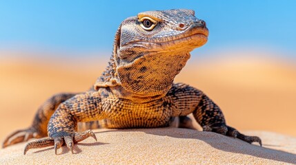 Fototapeta premium Desert lizard basking, sand dunes background, wildlife photography, nature documentary