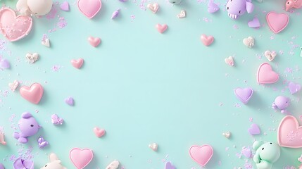 Cute Pastel Decorations with Hearts and Toys on Light Blue Background